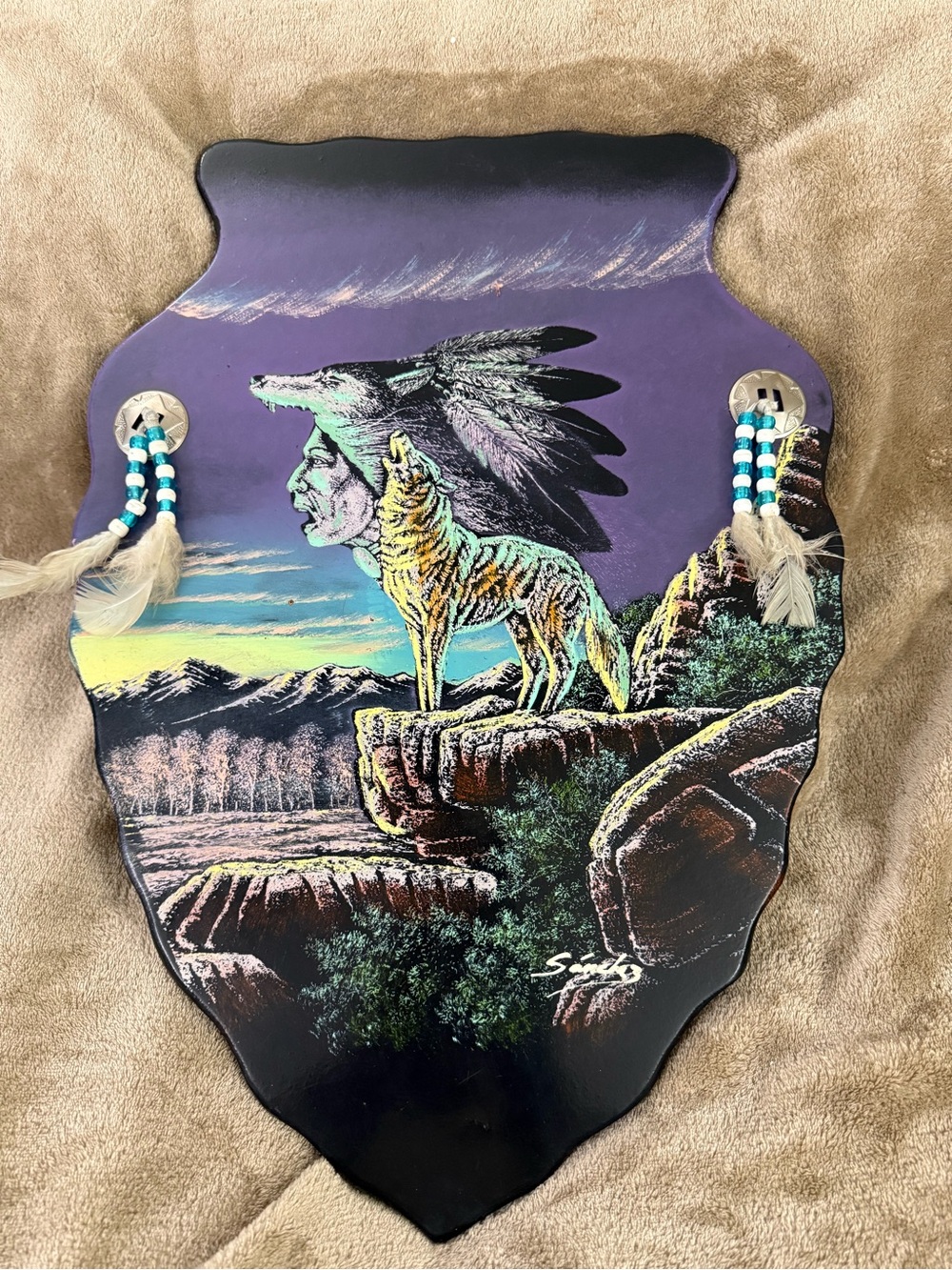 Native American Painting Wolf Art Signed On Arrow Head Shaped Wall Hanging